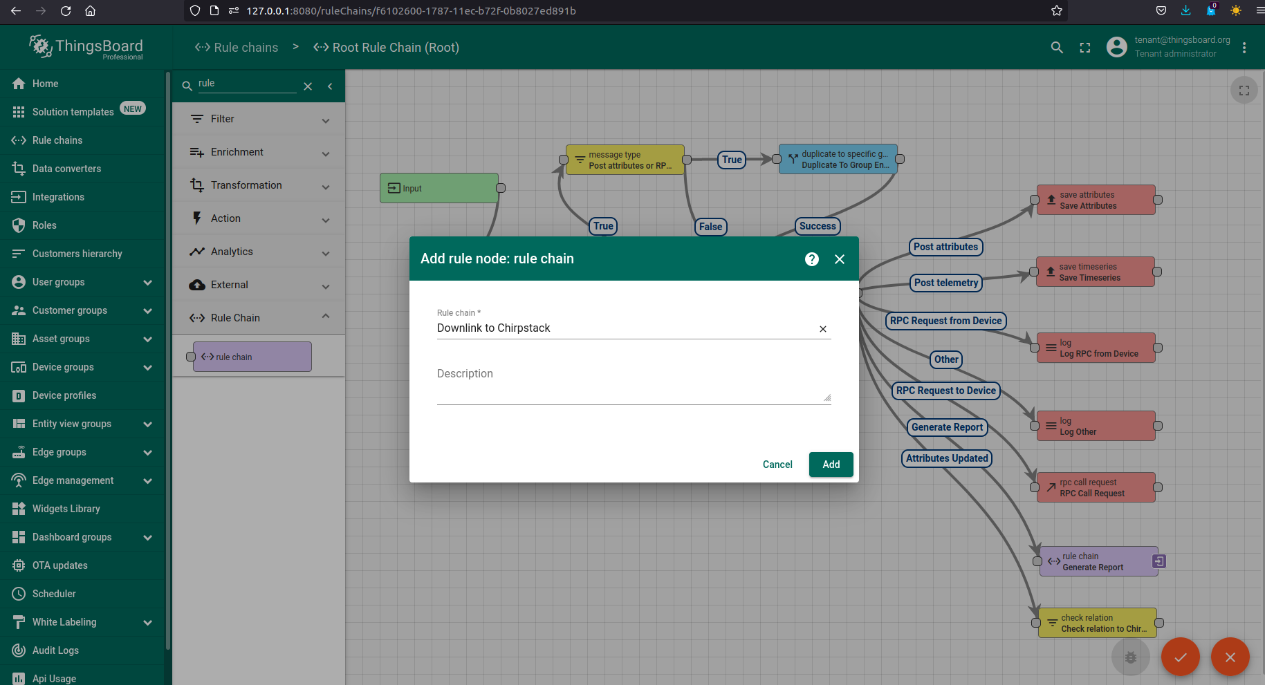 Add rule-chain rule node, set the newly imported rule chain and save it by pressing on pencil icon