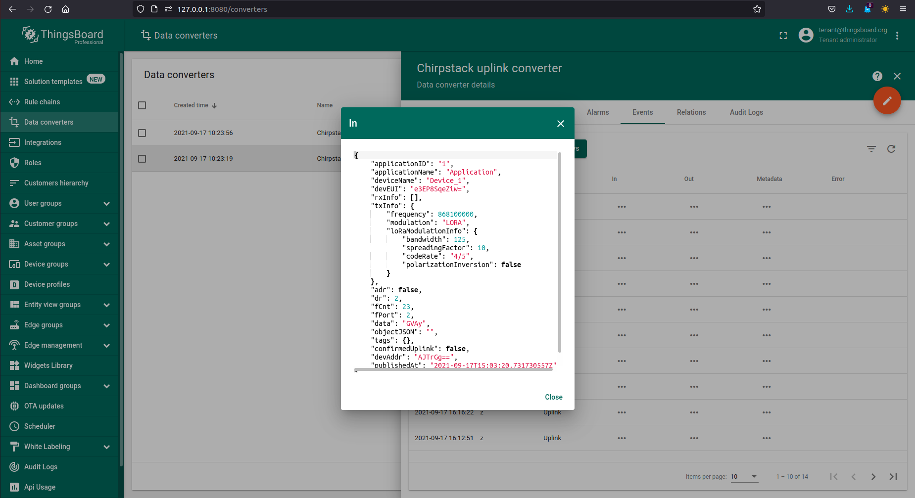 Example of incoming data to converter from ChirpStack