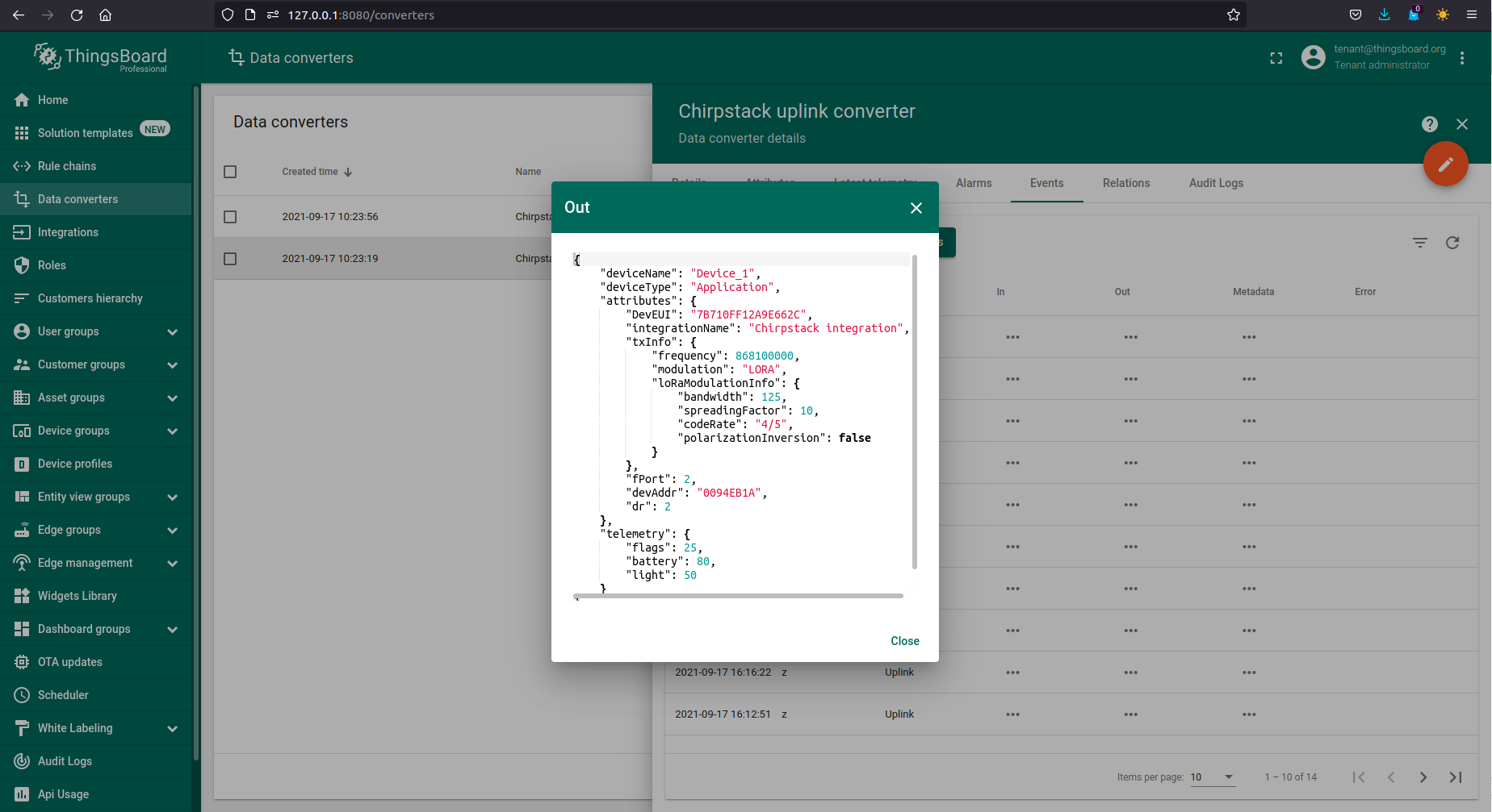Example of outgoing data from converter
