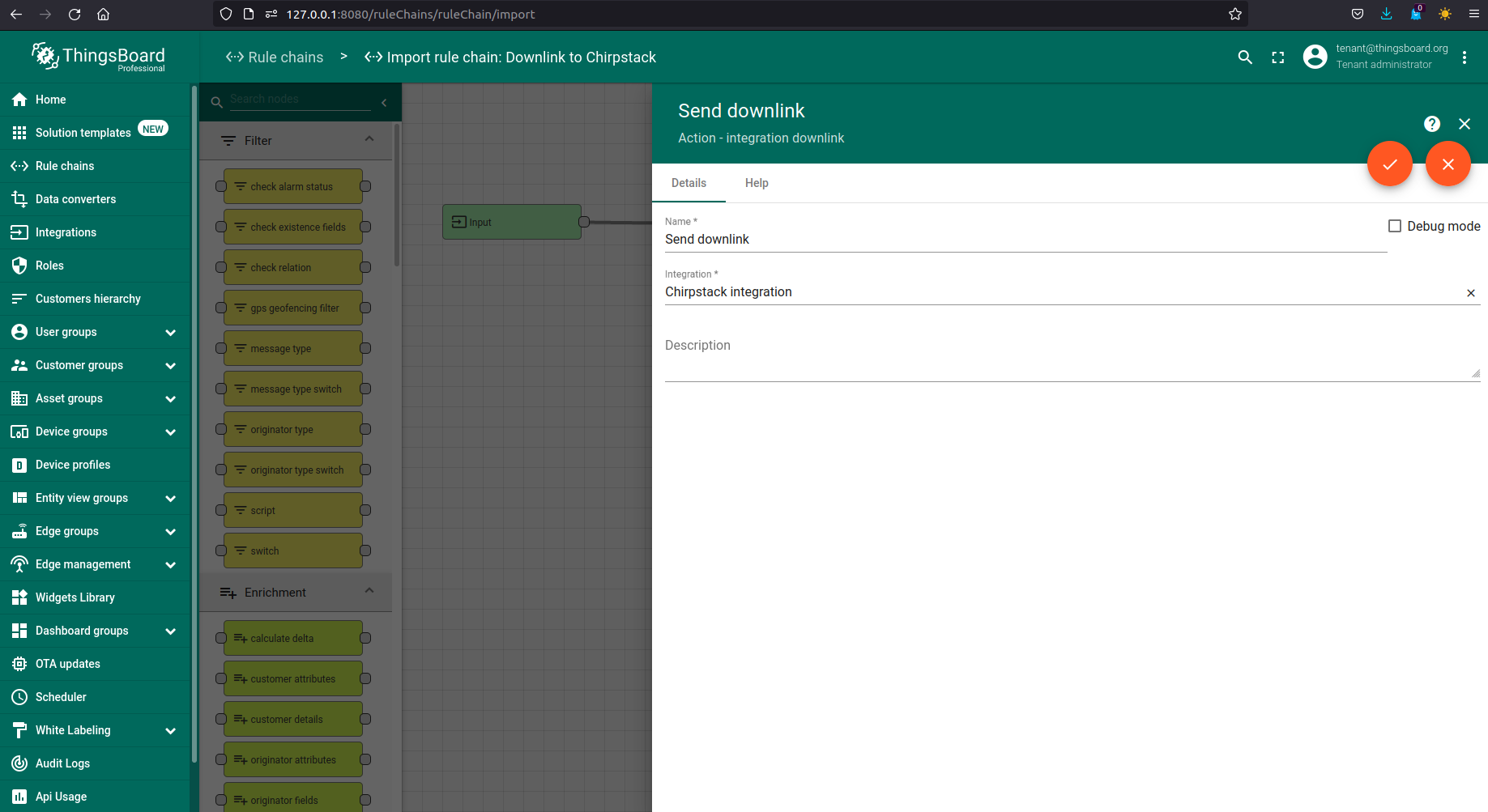 Select your integration from the list, save rule node by pressing