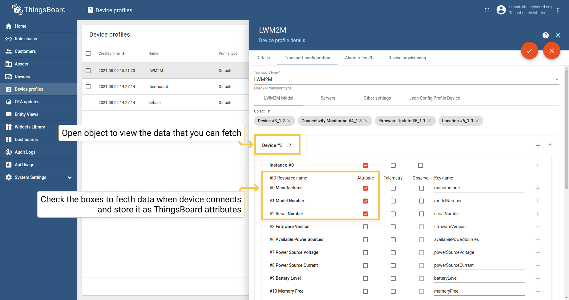 Tick "Attrubutes" for data that you want to get when device connects and store it as ThingsBoard attributes