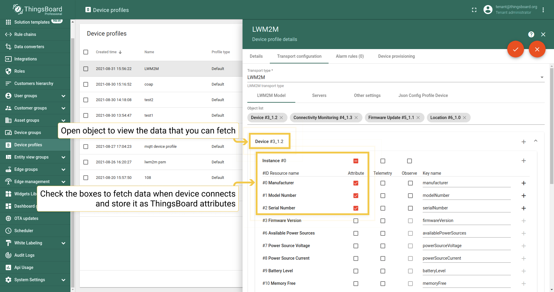 Tick "Attrubutes" for data that you want to get when device connects and store it as ThingsBoard attributes