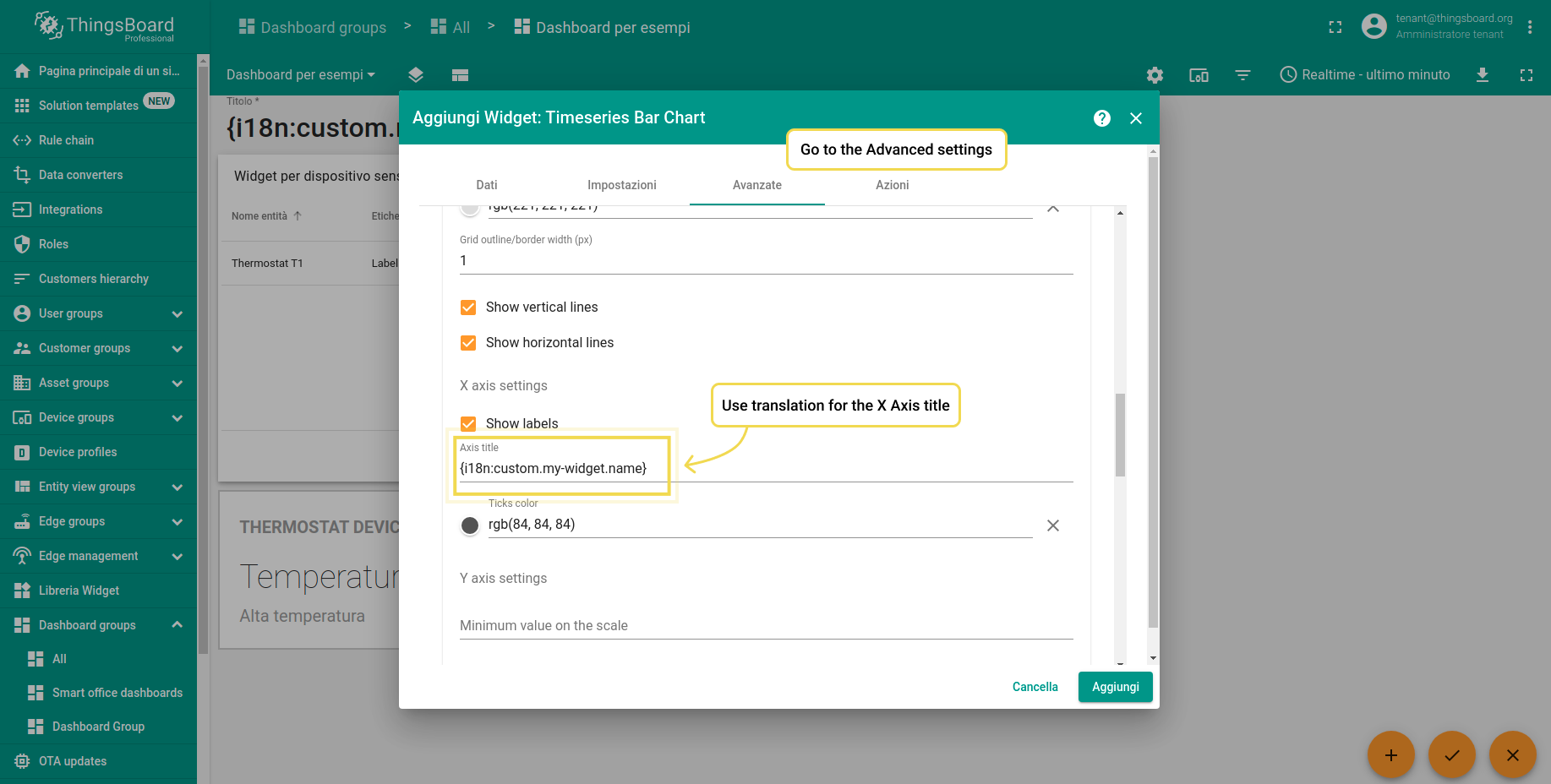 Step 3. Open Advanced tab and set translation for the X axis title - {i18n:custom.my-widget.name}. Save all settings.