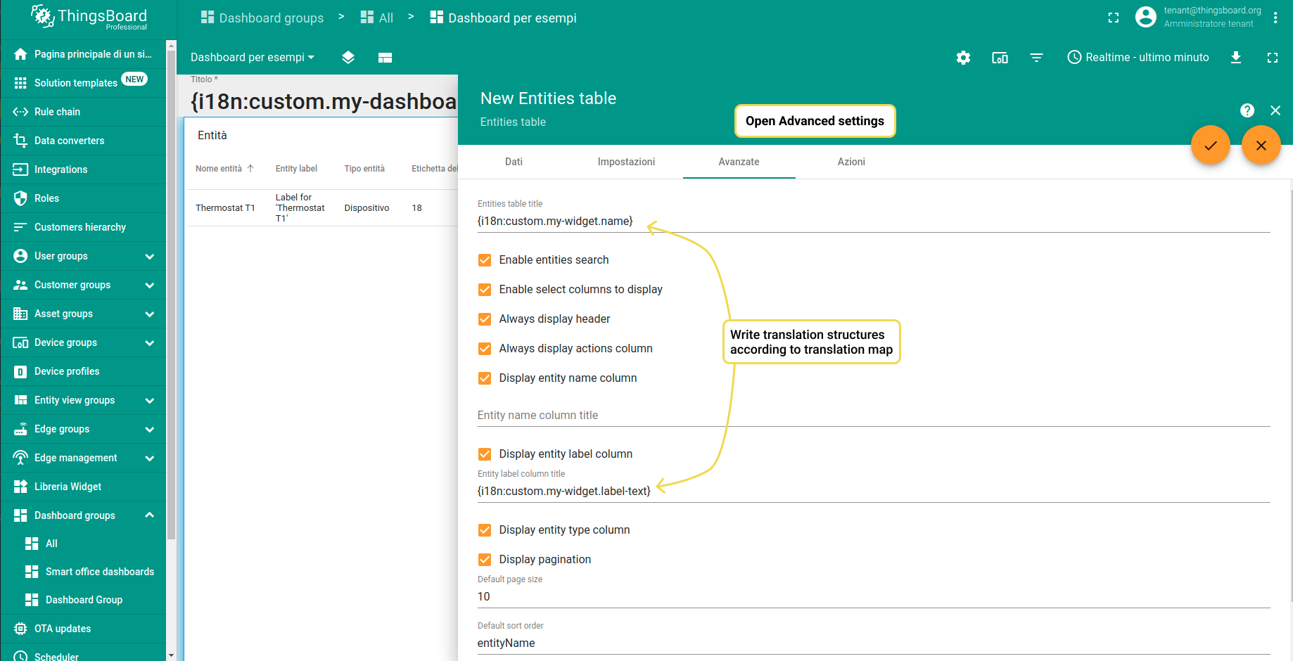 Step 3. Apply translation to the widget title - {i18n:custom.my-widget.name}, and entity label column title - {i18n:custom.my-widget.label-text}.