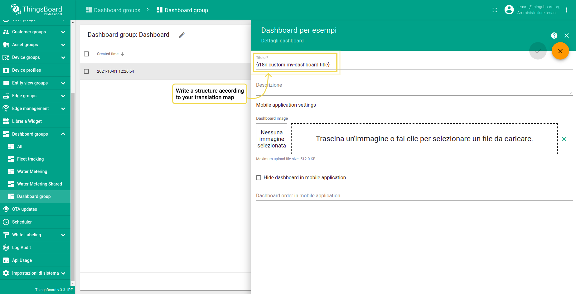 Step 3. Translate dashboard title. Note the required syntax: {i18n:custom.my-dashboard.title}.