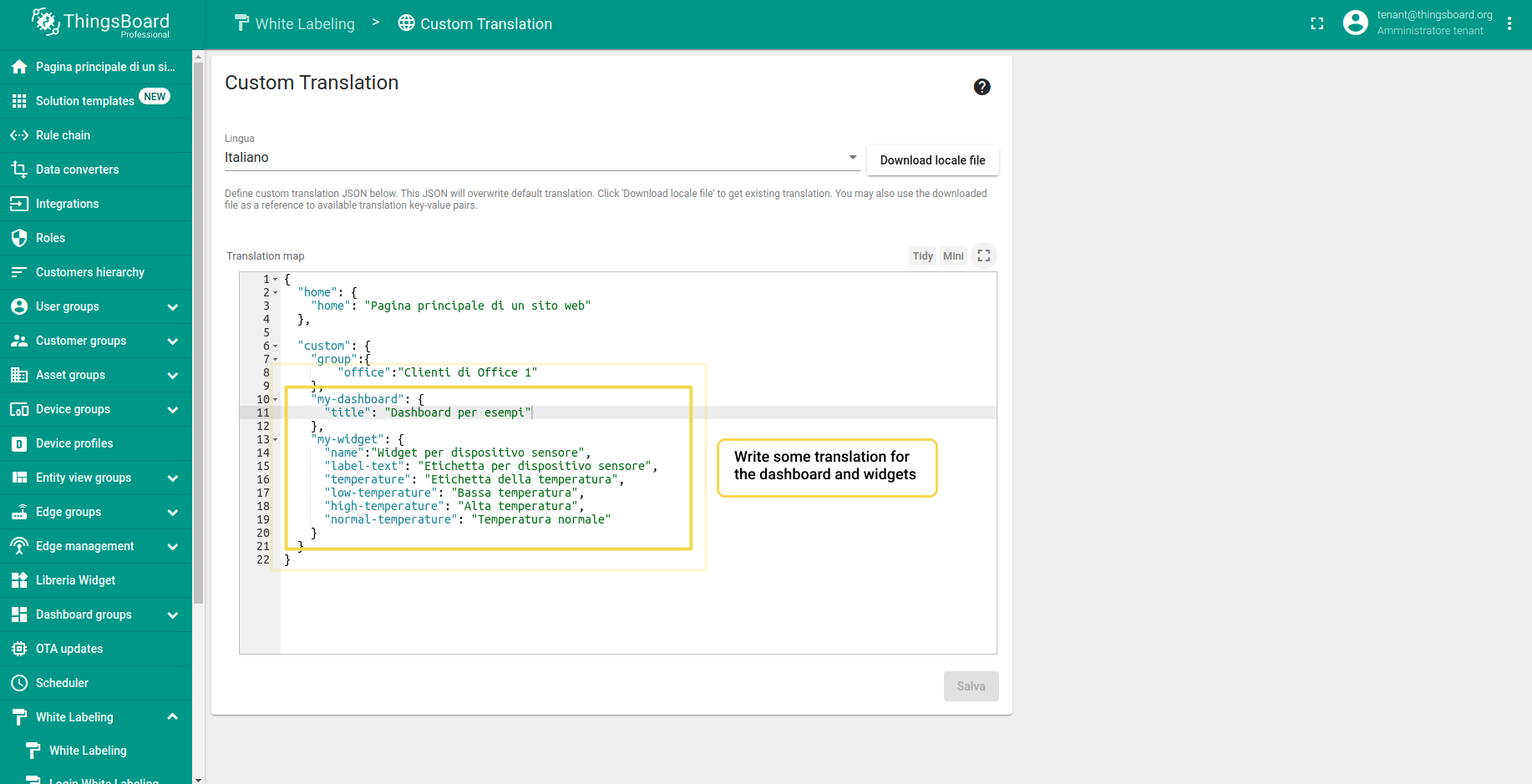 Step 1. Specify new custom translation for the dashboard and widgets.