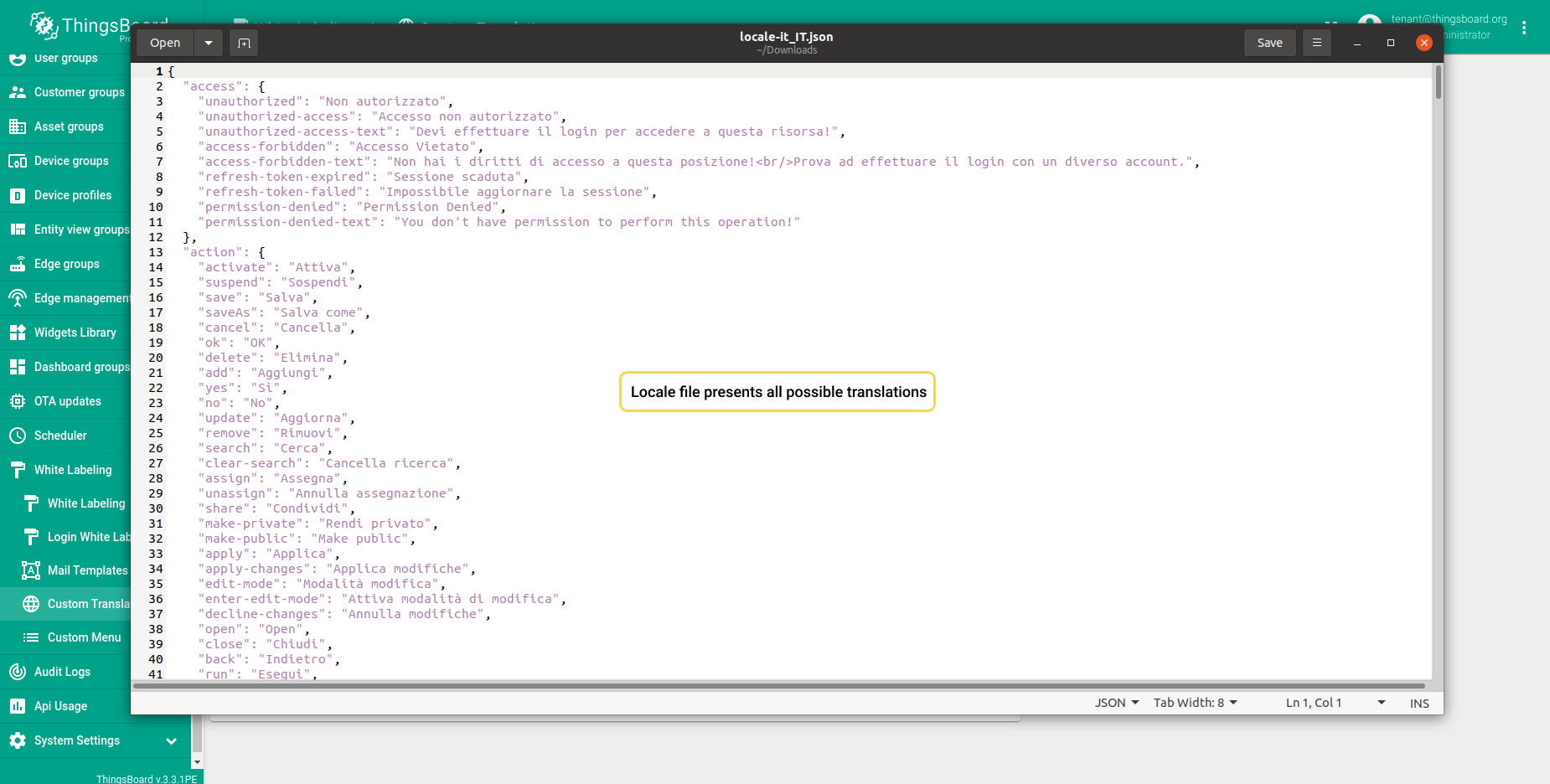 Step 4. The locale file presents all possible translations for the chosen language.