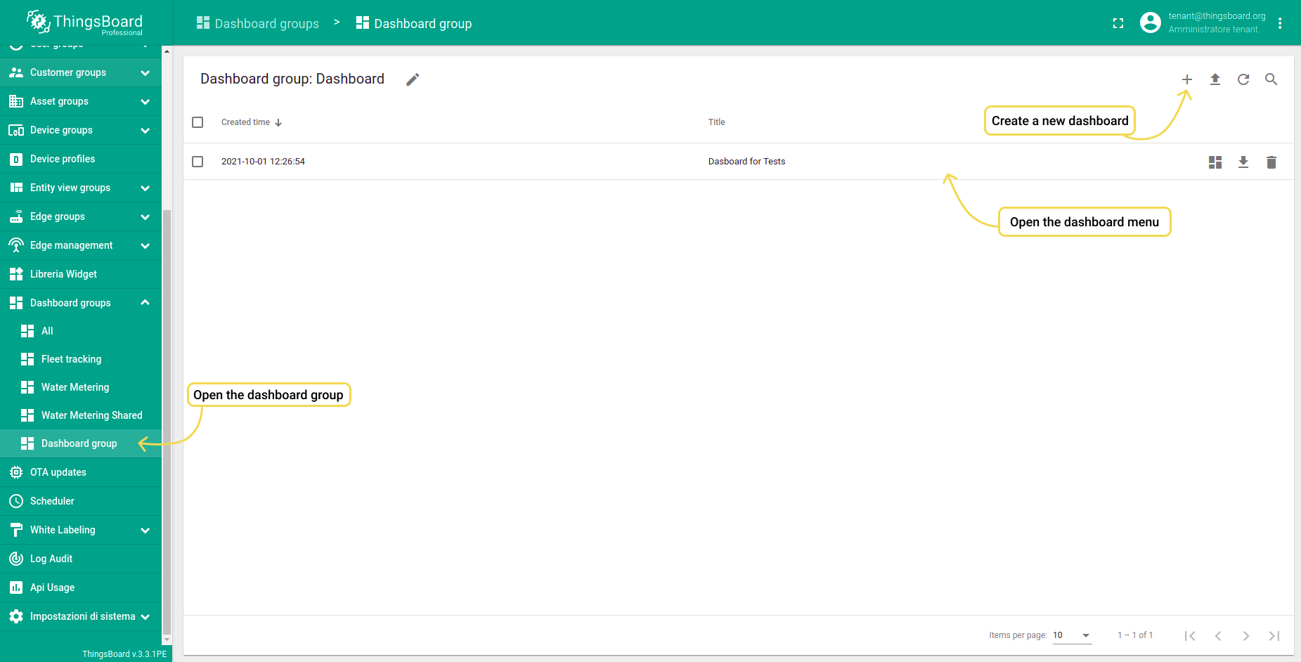 Step 2. Go to the Dashboard page. Create a new dashboard or choose an existing one. Open the dashboard menu.